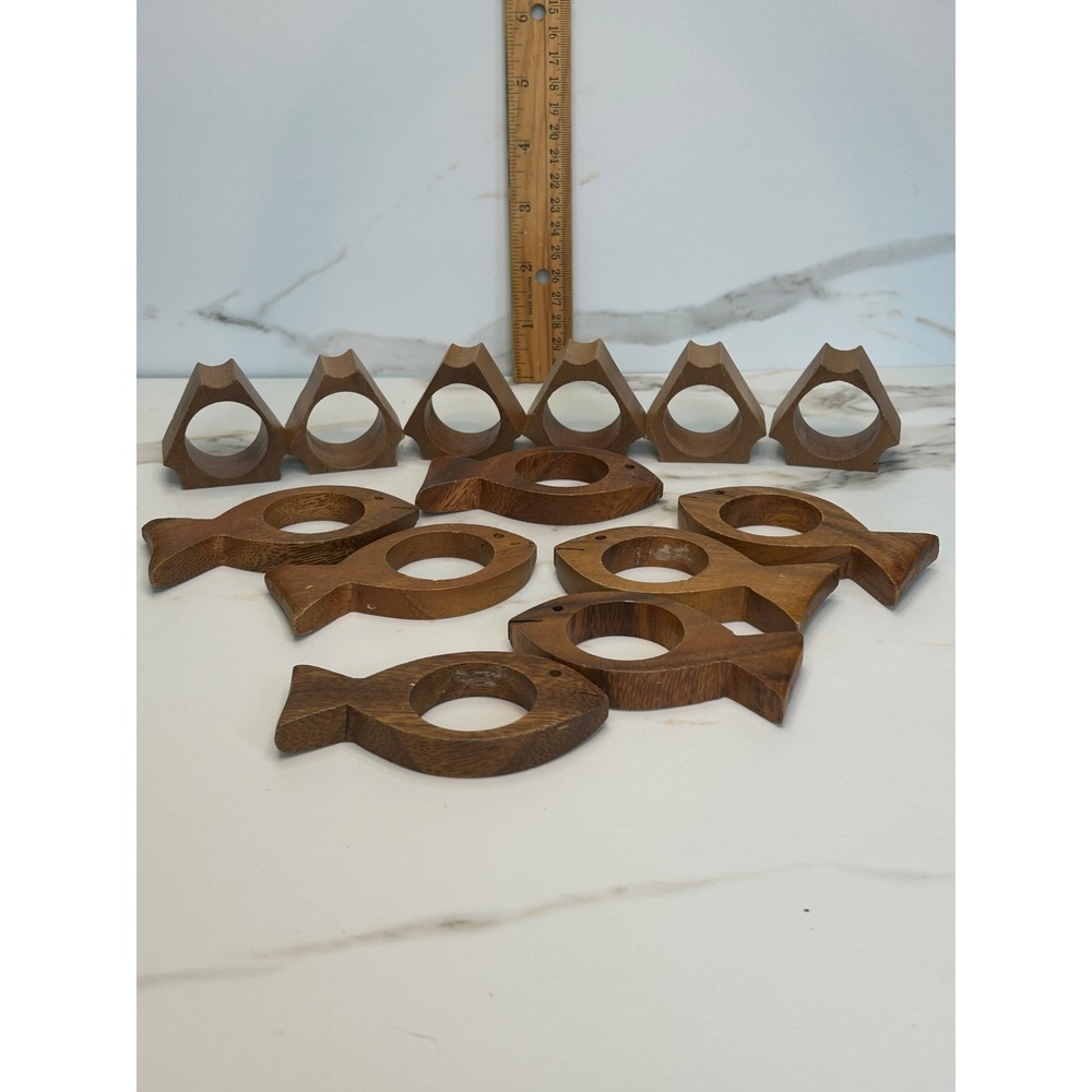 Vintage Wooden Napkin Rings Set of 13 Fish and Geometric Shapes Philippines Wood